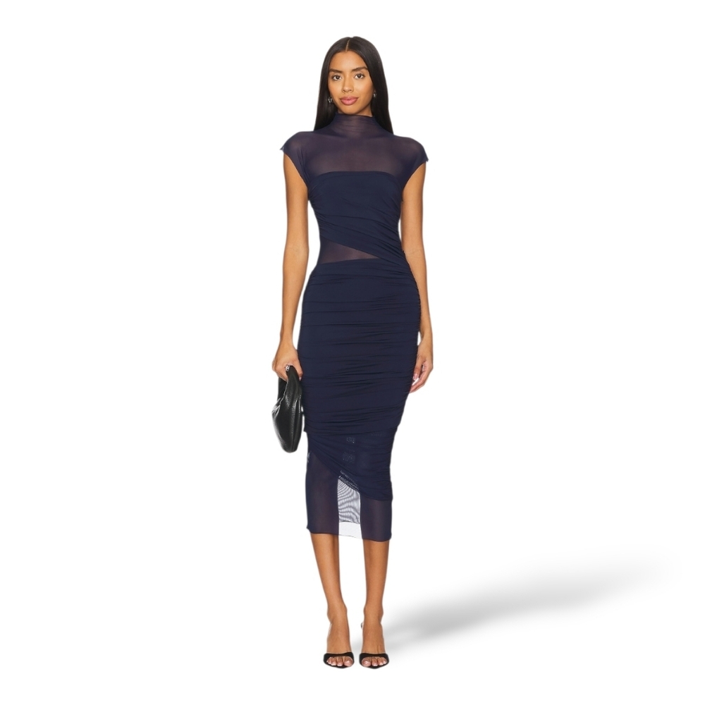 NWT $348 SEROYA Tabitha Mesh Ruched Midi Dress Sapphire Blue XL